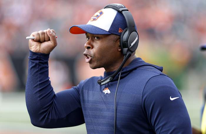 Denver Broncos head coach Vance Joseph reacts during the first quarter against the Cincinnati Bengals at Paul Brown Stadium.