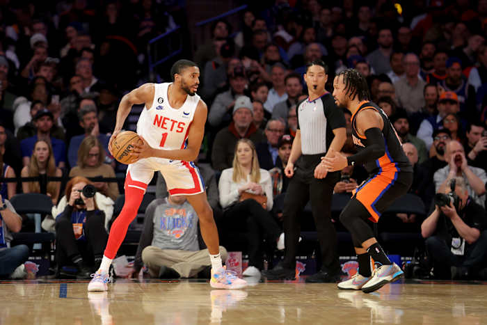 Mar 1, 2023; New York, New York, USA; Brooklyn Nets forward Mikal Bridges (1) controls the ball against New York Knicks guard Jalen Brunson (11) during the third quarter at Madison Square Garden. Mandatory Credit: Brad Penner-USA TODAY Sports