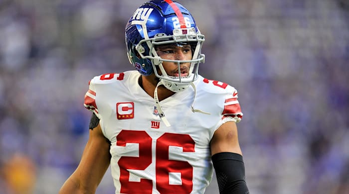 A photo of Saquon Barkley zoomed in on his upper body