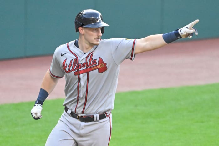 Jul 5, 2023; Cleveland, Ohio, USA; Atlanta Braves catcher Sean Murphy (12) celebrates his solo home run in the third inning against the Cleveland Guardians at Progressive Field. Mandatory Credit: David Richard-USA TODAY Sports
