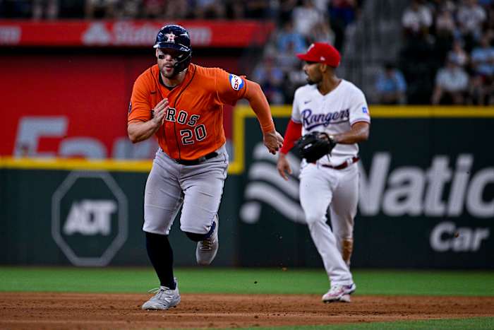 Jul 3, 2023; Arlington, Texas, USA; Houston Astros center fielder Chas McCormick (20) in action during the game between the Texas Rangers and the Houston Astros at Globe Life Field. Mandatory Credit: Jerome Miron-USA TODAY Sports