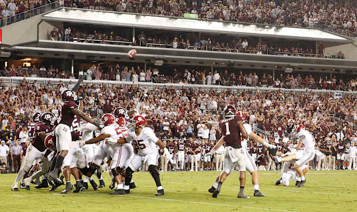 Alabama kicker Will Reichard (16) hits a field goal against Texas A&M at Kyle Field. Texas A&M defeated Alabama 41-38 on a field goal as time expired.