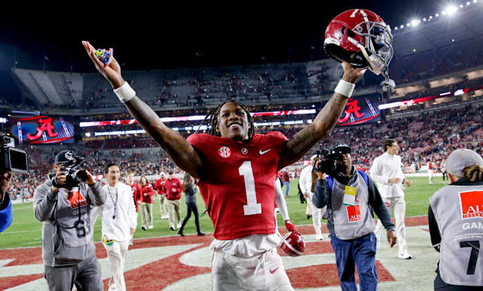 Nov 20, 2021; Tuscaloosa, Alabama, USA; Alabama Crimson Tide wide receiver Jameson Williams (1) leaves the field defeating the Arkansas Razorbacks at Bryant-Denny Stadium.