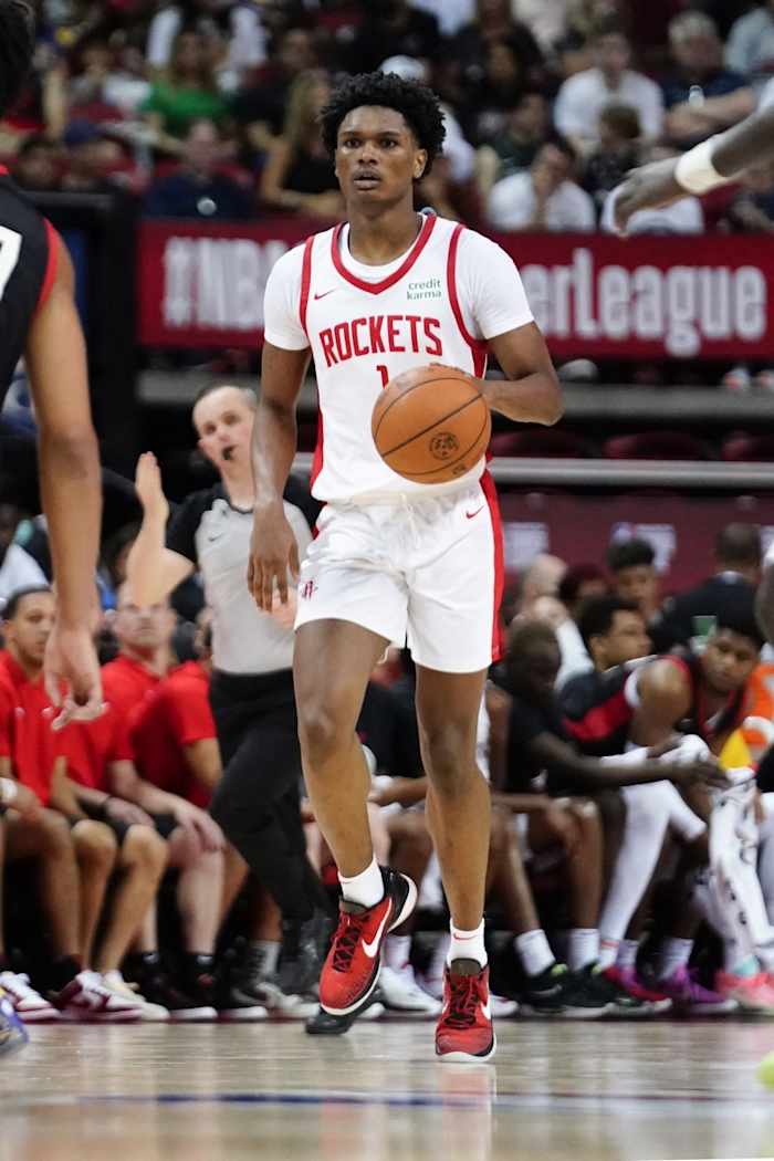 Houston Rockets guard Amen Thompson (1) dribbles the ball against the Portland Trail Blazers during the second half at Thomas & Mack Center.