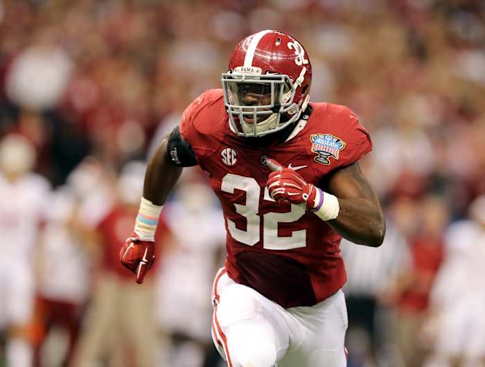 USA; Alabama Crimson Tide linebacker C.J. Mosley (32) runs toward Oklahoma Sooners ball carrier during the second half of the 2014 Sugar Bowl at the Mercedes-Benz Superdome.