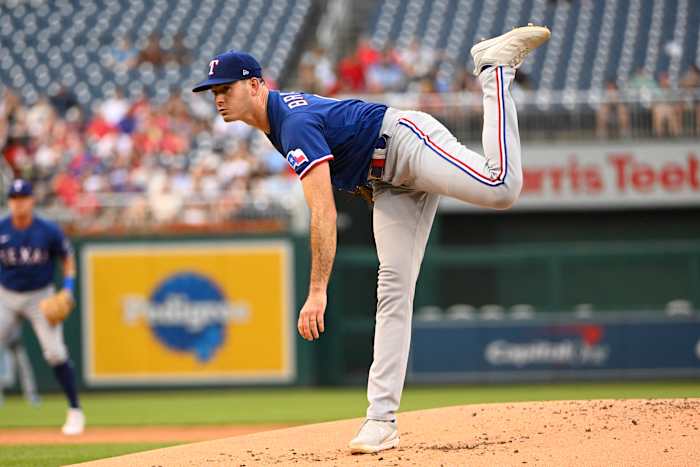 Jul 7, 2023; Washington, District of Columbia, USA; Texas Rangers starting pitcher Cody Bradford (61) throws to the Washington Nationals during the first inning at Nationals Park. Mandatory Credit: Brad Mills-USA TODAY Sports