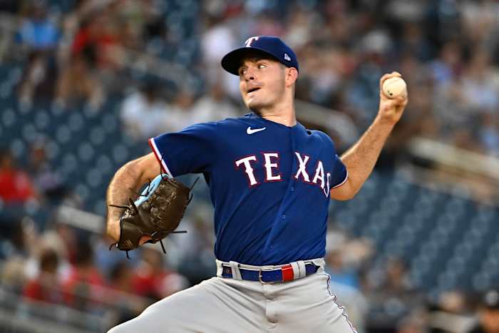 Jul 7, 2023; Washington, District of Columbia, USA; Texas Rangers starting pitcher Cody Bradford (61) throws to the Washington Nationals during the fourth inning at Nationals Park. Mandatory Credit: Brad Mills-USA TODAY Sports