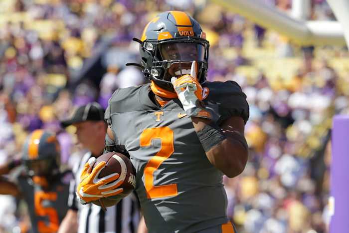 Oct 8, 2022; Baton Rouge, Louisiana, USA; Tennessee Volunteers running back Jabari Small (2) reacts to scoring a touchdown against the LSU Tigers during the first half at Tiger Stadium.
