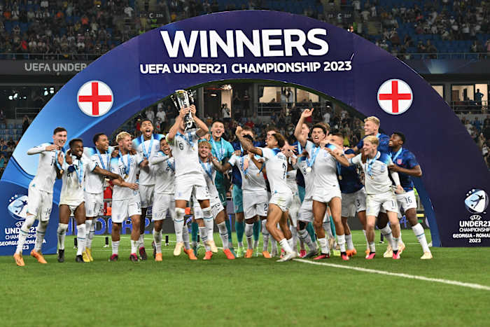 England's players pictured celebrating with their trophy after winning the 2023 UEFA European Under-21 Championship