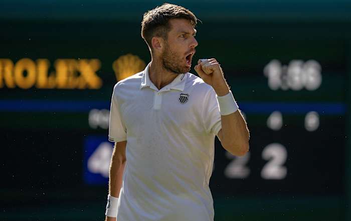 Cameron Norrie (GBR) reacts to a point during his match against Christopher Eubanks (USA) on day five of Wimbledon at the All England Lawn Tennis and Croquet Club.