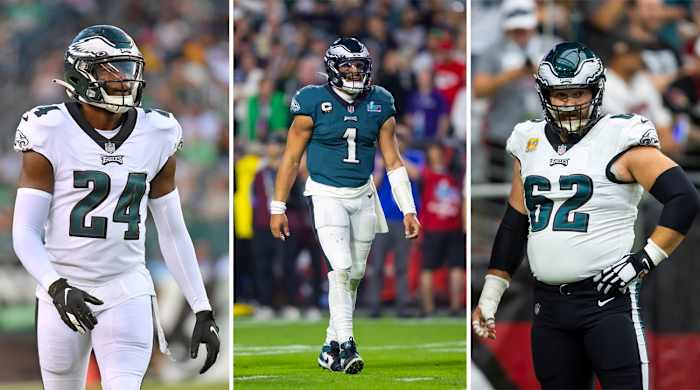 James Bradberry walks; Jalen hurts stands on the field; Jason Kelce looks to the side with a hand on his hip