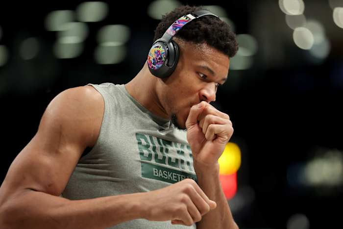 Feb 28, 2023; Brooklyn, New York, USA; Milwaukee Bucks forward Giannis Antetokounmpo (34) warms up before a game against the Brooklyn Nets at Barclays Center.