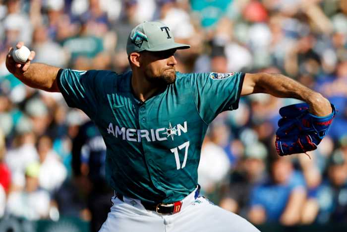Jul 11, 2023; Seattle, Washington, USA; American League pitcher Nathan Eovaldi of the Texas Rangers (17) pitches against the National League during the second inning of the 2023 MLB All Star Game at T-Mobile Park. Mandatory Credit: Joe Nicholson-USA TODAY Sports