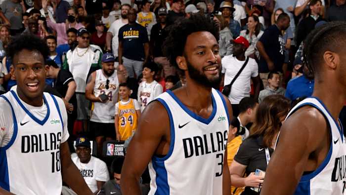 Braxton Key smiles after he had the game-winning dunk for the Dallas Mavericks against the Golden State Warriors at the NBA 2K24 Summer League in Las Vegas.
