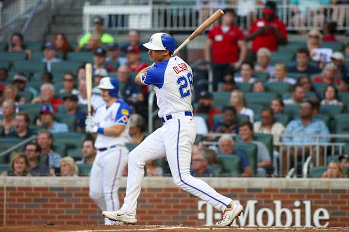 Jul 15, 2023; Atlanta, Georgia, USA; Atlanta Braves first baseman Matt Olson (28) hits a single against the Chicago White Sox in the third inning at Truist Park. Mandatory Credit: Brett Davis-USA TODAY Sports