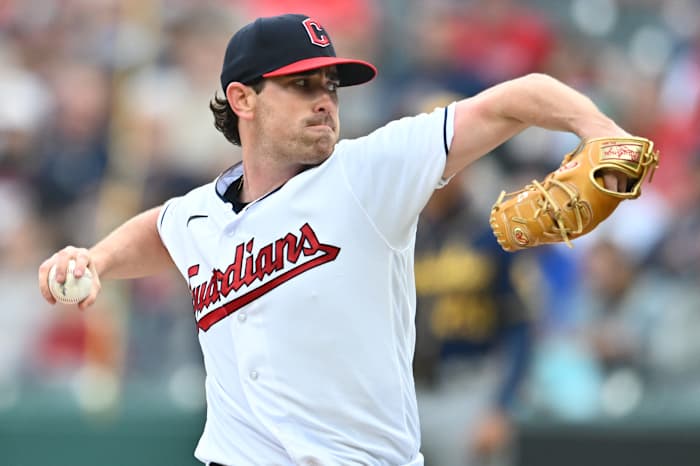Jun 23, 2023; Cleveland, Ohio, USA; Cleveland Guardians starting pitcher Shane Bieber (57) throws a pitch during the first inning against the Milwaukee Brewers at Progressive Field. Mandatory Credit: Ken Blaze-USA TODAY Sports