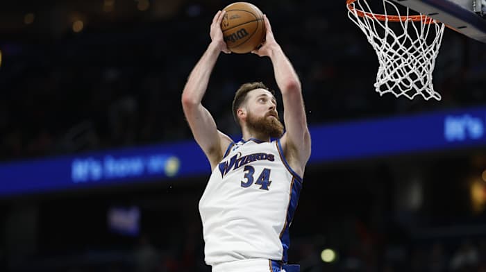 Washington, District of Columbia, USA; Washington Wizards center Jay Huff (34) dunks the ball against the Miami Heat in the fourth quarter in the fourth quarter at Capital One Arena.