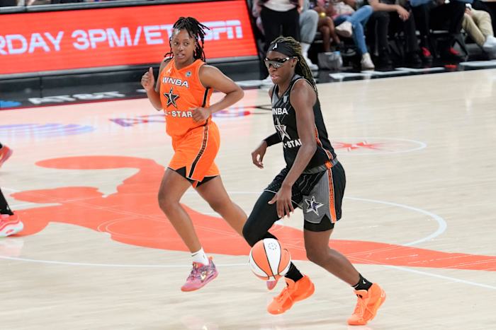 Rhyne Howard dribbles the ball in the 2023 WNBA All-Star Game.