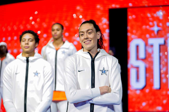 Breanna Stewart poses during player introductions prior to the 2023 WNBA All-Star Game.