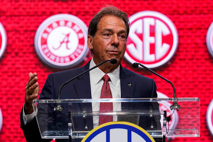 Jul 19, 2022; Atlanta, GA, USA; Alabama head coach Nick Saban talks to the media during SEC Media Days at the College Football Hall of Fame.