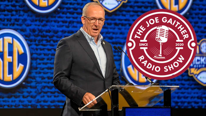 Jul 17, 2023; Nashville, TN, USA; SEC commissioner Greg Sankey talks with the media during SEC Media Days at Grand Hyatt. Mandatory Credit: Steve Roberts-USA TODAY Sports