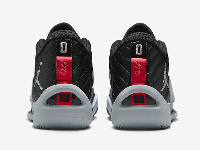 Rear view of Jayson Tatum's black and grey Jordan Brand shoes.