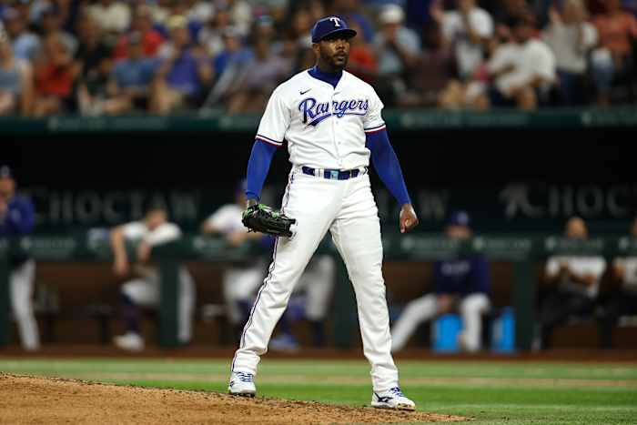 Texas Rangers relief pitcher Aroldis Chapman reacts after striking out Tampa Bay Rays designated hitter Harold Ramirez in the ninth inning Monday at Globe Life Field.