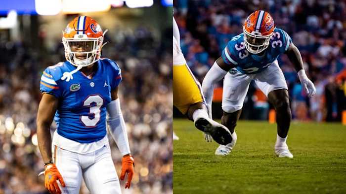 Florida Gators defenders Jason Marshall Jr. and Princely Umanmielen