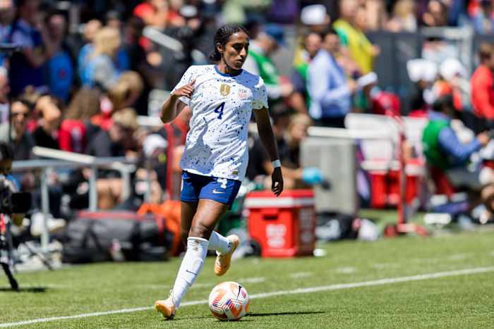 Jul 9, 2023; San Jose, California, USA; United States of America defender Naomi Girma (4) looks to pass against Wales during the second half at PayPal Park. Mandatory Credit: John Hefti-USA TODAY Sports
