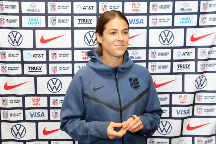 Jun 27, 2023; Carson, California, USA; USWNT defender Kelley O'Hara during Women's World Cup media day at Dignity Health Sports Park. Mandatory Credit: Kirby Lee-USA TODAY Sports