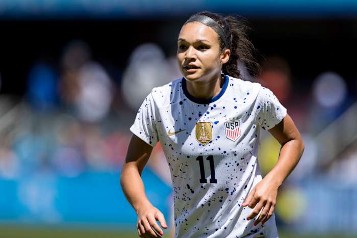 Jul 9, 2023; San Jose, California, USA; United States of America forward Sophia Smith (11) chases the ball against Wales the second half at PayPal Park. Mandatory Credit: John Hefti-USA TODAY Sports