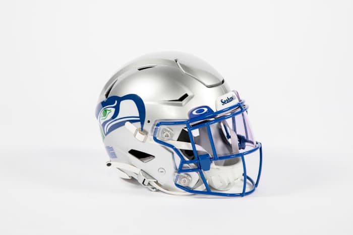 A close look at the Seahawks 90s-era silver helmets revealed on Wednesday. (Seahawks.com)