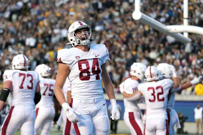 Nov 19, 2022; Berkeley, California, USA; Stanford Cardinal tight end Benjamin Yurosek (84) celebrates after a touchdown by Stanford Cardinal wide receiver Elijah Higgins (not shown) during the third quarter against the California Golden Bears at FTX Field at California Memorial Stadium. Mandatory Credit: Darren Yamashita-USA TODAY Sports