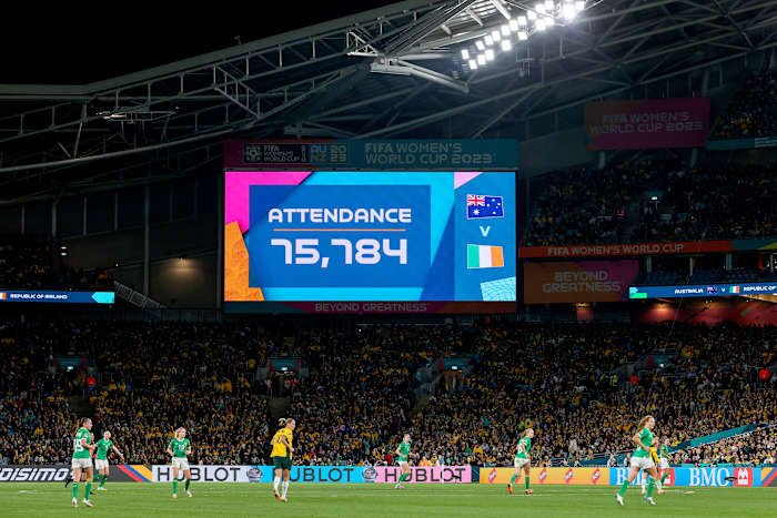 A photo taken during a game at the 2023 Women's World Cup between Australia and Ireland, which was watched live by 75,784 fans at Sydney's Stadium Australia
