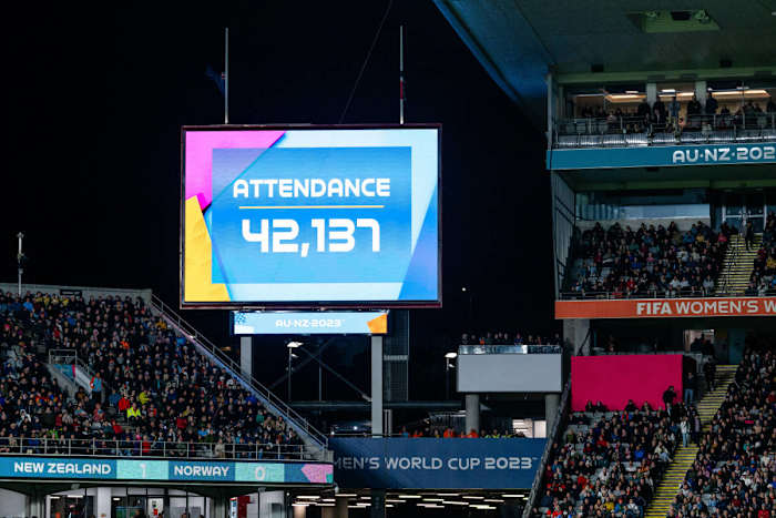 A photo taken during a game at the 2023 Women's World Cup between New Zealand and Norway, which was watched live by 42,137 fans at Auckland's Eden Park