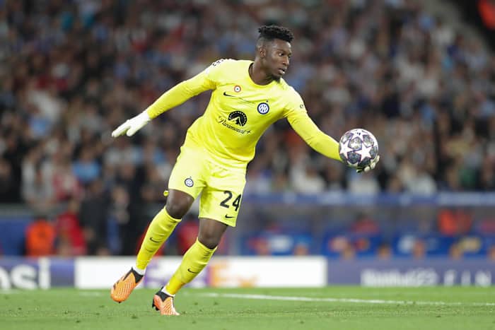 Goalkeeper Andre Onana pictured playing for Inter Milan in the 2023 UEFA Champions League final against Manchester City