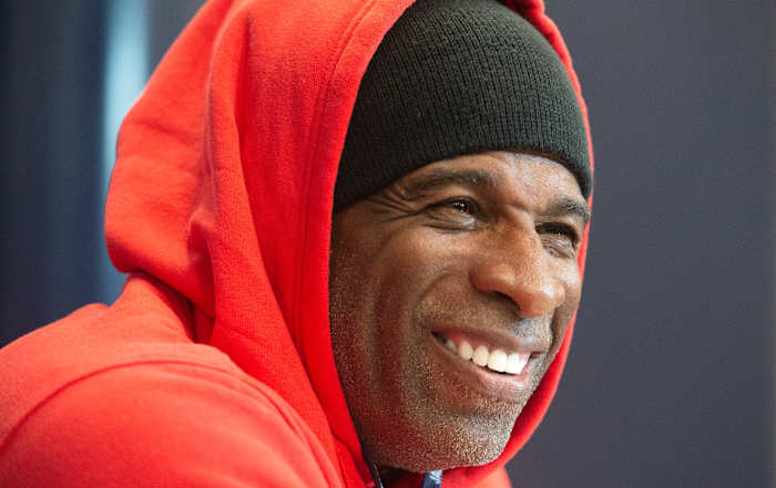Jackson State head coach Deion Sanders jokes with media during a news conference at JSU in Jackson, Miss., Tuesday, Nov. 15, 2022