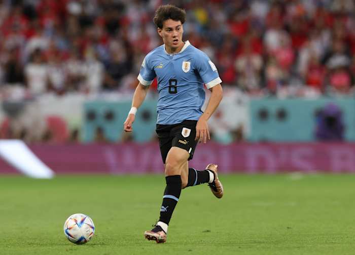 Facundo Pellistri pictured playing for Uruguay at the 2022 FIFA World Cup in Qatar
