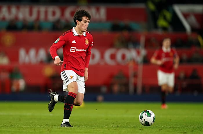 Facundo Pellistri pictured during his Manchester United debut in January 2023 in an EFL Cup game against Charlton