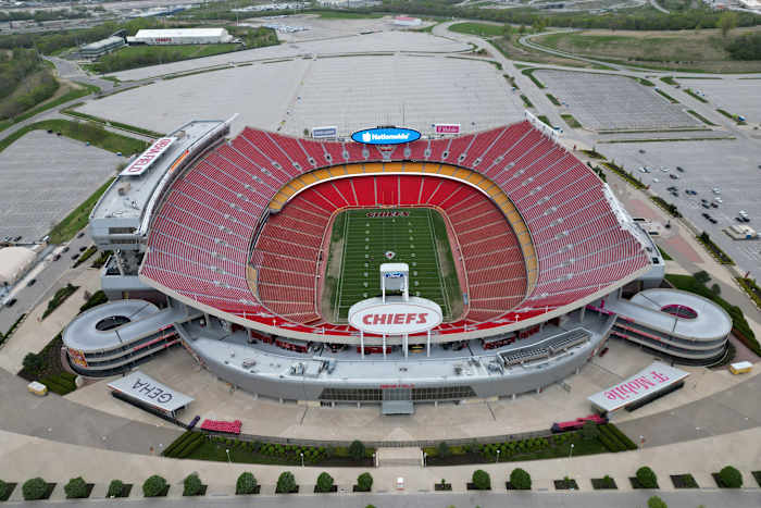 Apr 26, 2023; Kansas City, MO, USA; An aerial view of Arrowhead Stadium, the home of the Kansas City Chiefs. Mandatory Credit: Kirby Lee-USA TODAY Sports