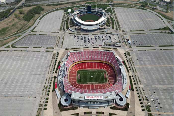 Apr 26, 2023; Kansas City, MO, USA; A general overall aerial view of Arrowhead Stadium (bottom) and Kauffman Stadium at the Truman Sports Complex. Mandatory Credit: Kirby Lee-USA TODAY Sports