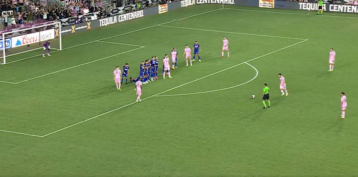 Lionel Messi pictured just before he scored his first goal for Inter Miami from a 94th-minute free-kick against Cruz Azul in July 2023