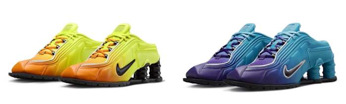 Side view of orange and blue Nike Shox sneakers.