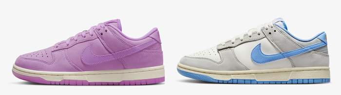 Side view of pink and blue Nike Dunk sneakers.