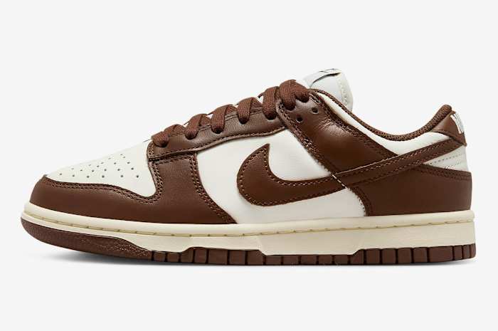 Side view of a brown and white Nike Dunk sneaker.