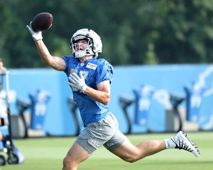 Detroit Lions tight end Sam LaPorta at training camp