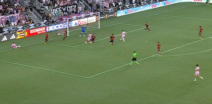 Lionel Messi pictured scoring his second goal of the game for Inter Miami against Atlanta in July 2023