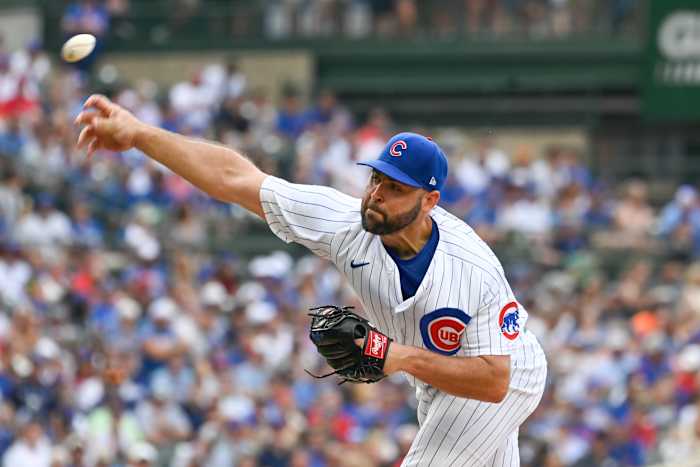 Jul 22, 2023; Chicago, Illinois, USA; Chicago Cubs starting pitcher Michael Fulmer (32) pitches during the first inning against the St. Louis Cardinals at Wrigley Field.