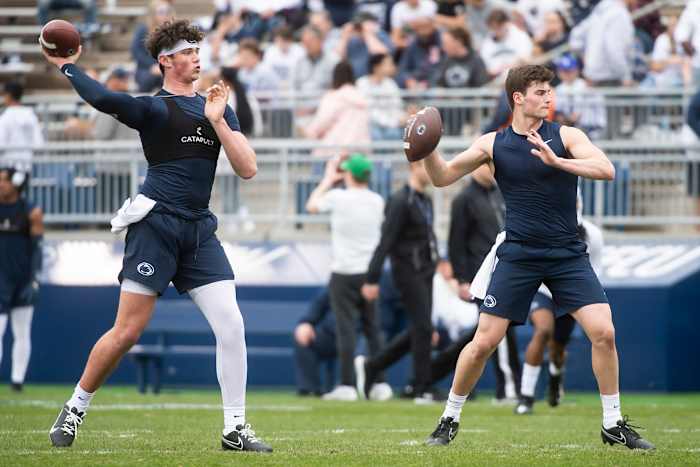 Penn State quarterbacks Drew Allar, left, and Beau Pribula throw prior to the 2023 Blue-White Game at Beaver Stadium.