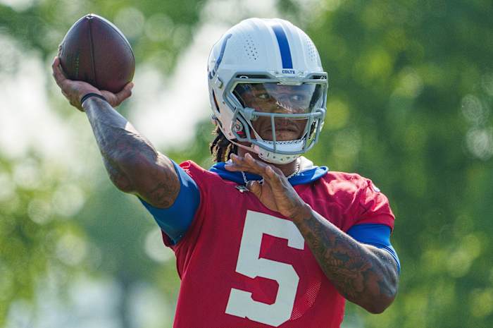 Indianapolis Colts quarterback Anthony Richardson (5) works through drills during the first day of training camp practice Wednesday, July 26, 2023, at Grand Park Sports Complex in Westfield, Indiana.